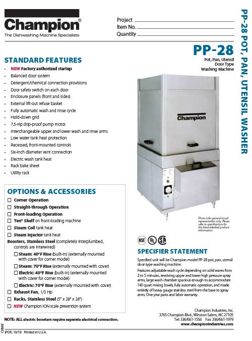 Pot, Pan & Utensil Door Type Washer Model PP-28